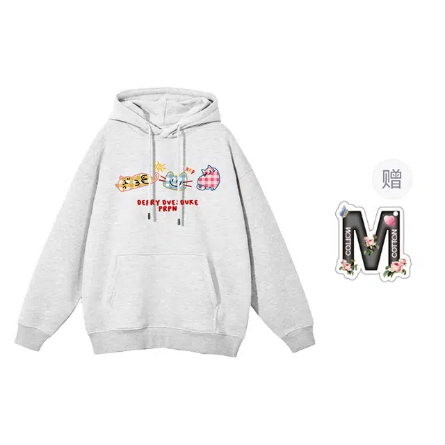 棉购 韩系甜美学院风基础可爱印花加绒加厚连帽宽松休闲长袖卫衣 男女同款