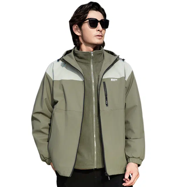 富铤 户外山系摇粒绒内胆拼色美式复古连帽三合一夹克外套 男款