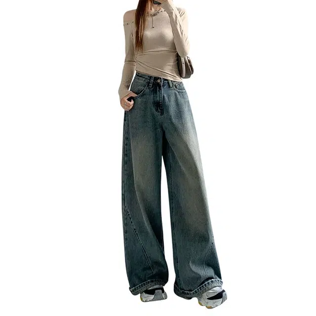 么宁 复古高腰大阔腿休闲宽松显瘦直筒甩甩裤秋牛仔裤 女款