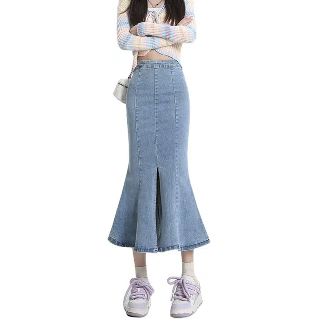 玄唐 夏季半身裙设计感弹力开叉修身包臀鱼尾中长牛仔长裙 女款