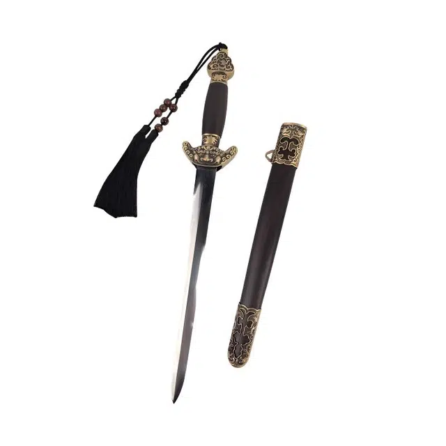 天字号 龙渊短剑 百炼花纹钢宝剑黑檀木鞘黄铜装饰小刀剑 未开刃 成品模型