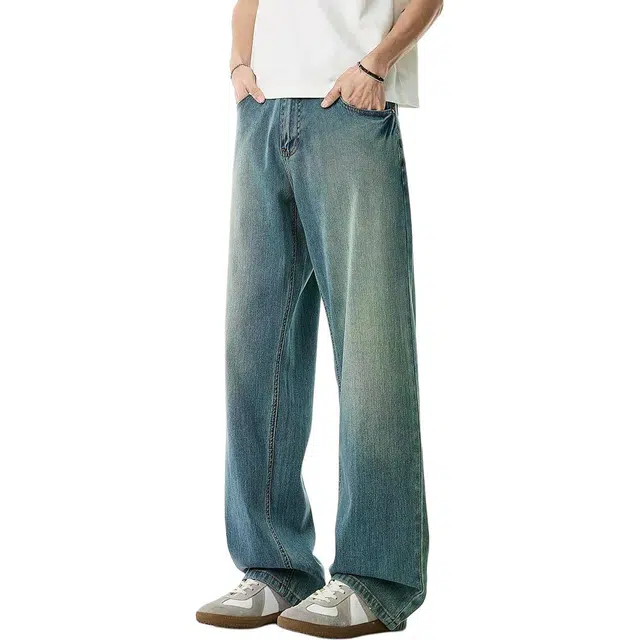 米素力 高级感垂坠凉感宽松中腰长裤牛仔裤 男款