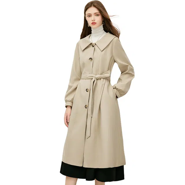 她池 中长款复古气质翻领灯笼袖宽松风衣 女款 卡其色