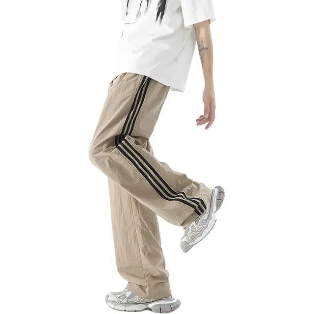 么宁 条纹设计感宽松直筒简约百搭舒适透气运动休闲裤 男女同款