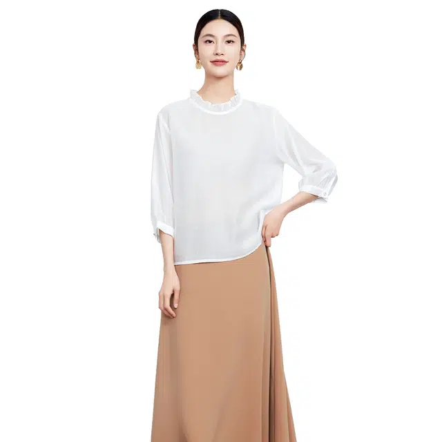 富铤 纯色法式荷叶边气质简约轻薄透气七分袖衬衫 女款