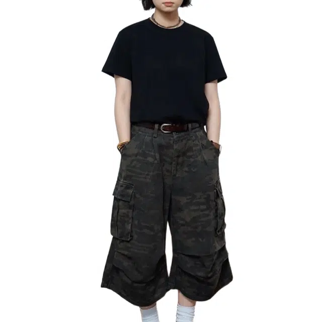 一碗士多 复古迷彩七分裤夏季阔腿口袋工装裤休闲短裤 男女同款