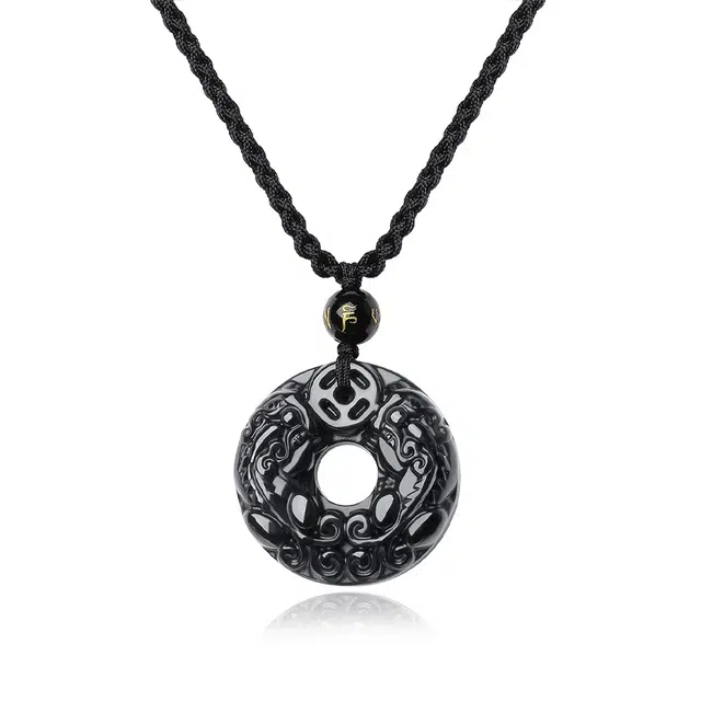万娜 吉祥如意貔貅平安扣转运珠 新中式国潮轻奢小众设计 黑曜石 项链 男款