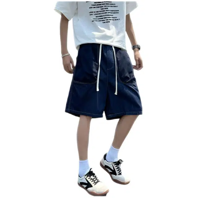 木木兔 男士夏季短裤美式潮流百搭男生裤子简约工装中裤宽松直筒水洗五分裤夏天牛仔裤 男款