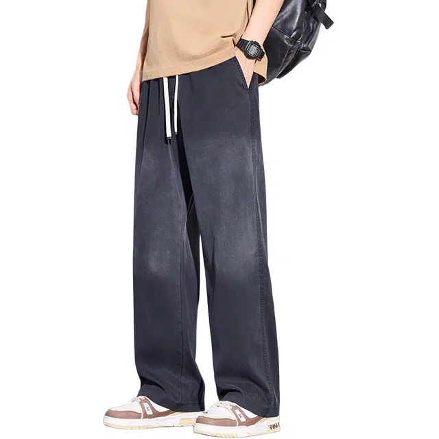 协协乐 夏季冰丝薄款凉感透气宽松直筒渐变垂坠感美式高街百搭运动通勤痞帅休闲中腰长裤牛仔裤 男款