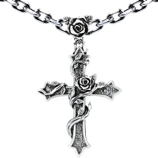 【免费刻字】 白木黑冰 玫瑰十字架 新中式百搭小众高级感时尚潮流 银合金 项链 男款 礼盒  送男生好物 男朋友 男士 学生