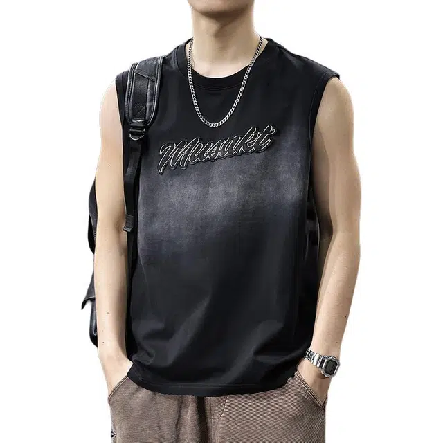 前进牛 夏季美式高街城市机能潮牌拼色水洗渐变字母印贴潮流休闲运动薄款无袖背心 男女同款