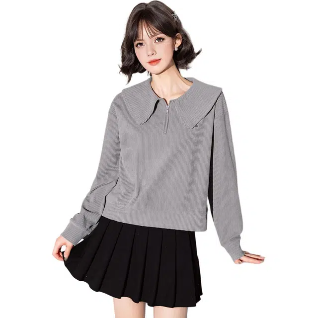 法文箱子 针织甜美风休闲纯色落肩袖长袖娃娃领宽松卫衣 女款