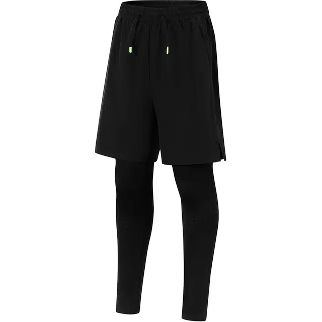 大童 李宁儿童 纯色中腰系带舒适透气百搭紧身二合一直筒针织运动裤 黑色