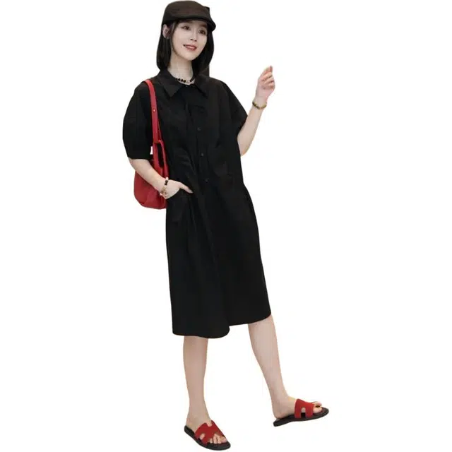 水中花 宽松休闲显瘦纯色短袖连衣裙 女款