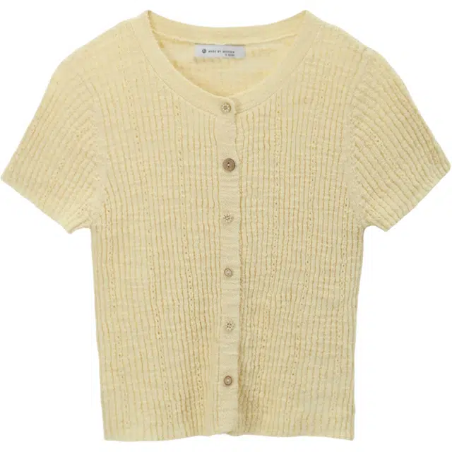 谜秀 淡黄色开衫夏季纯色短袖小香风针织衫 女款