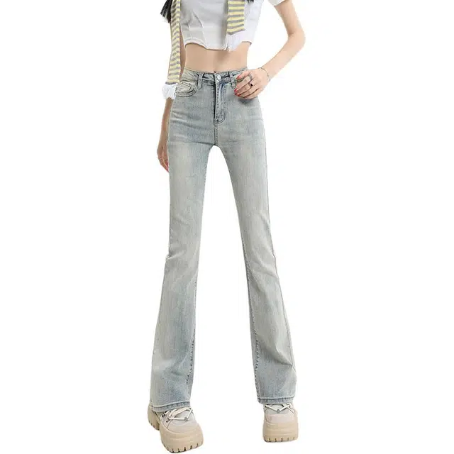 如续 微喇高腰水洗休闲简约牛仔裤 女款