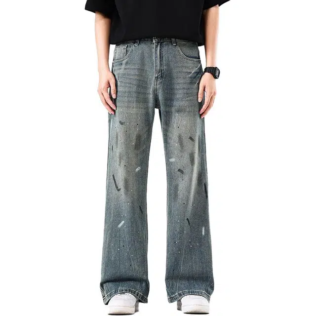 宝米卡 美式泼墨阔腿夏高街设计感宽松直筒长裤牛仔裤 男女同款
