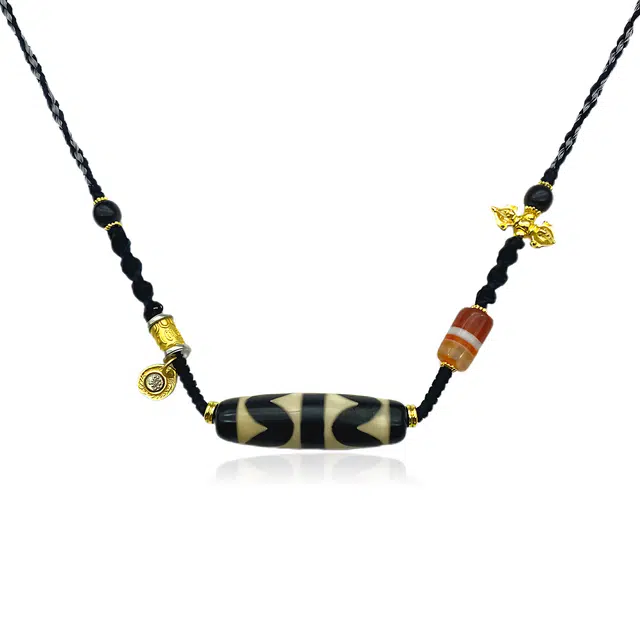 玉临门 新中式天珠藏式民族风护身吊坠佛珠 纯手工编织 双虎牙天珠 玛瑙 项链 男女同款情侣款 礼盒包装