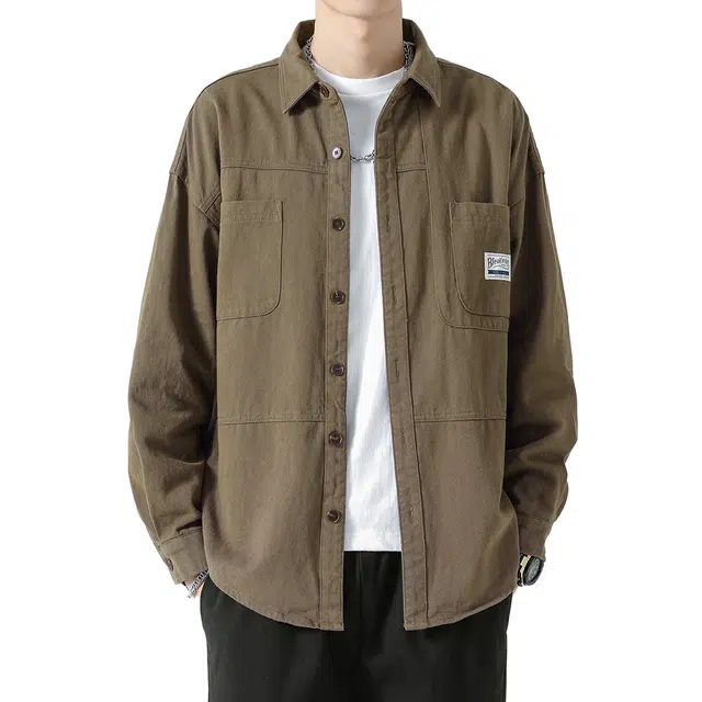 顶峰保罗 日系潮牌纯色高街工装潮流宽松百搭休闲长袖衬衫 男女同款