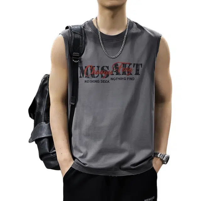 前进牛 美式复古纯棉渐变印花宽松休闲运动无袖痞帅坎肩背心 男女同款