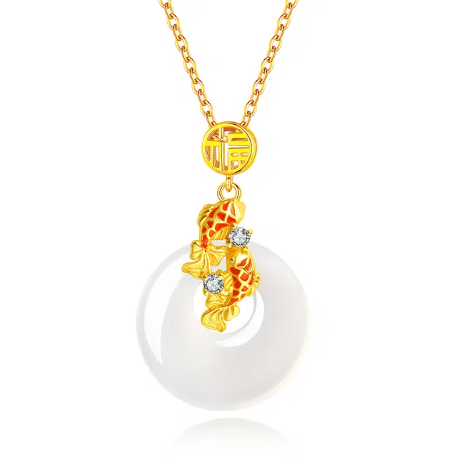 【光彩夺目】 帝苏行 福气锦鲤平安扣 新中式国潮 吉祥如意平安顺遂 好运 简约小众设计 玉髓 项链 女款