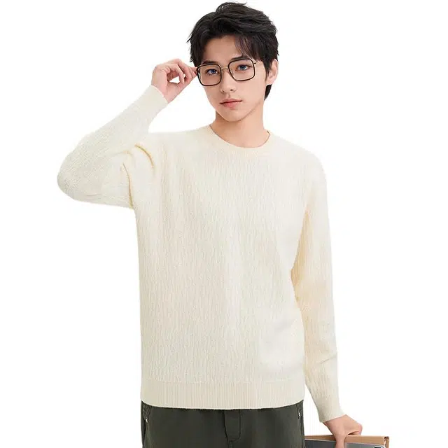 三福 净色肌理圆领长袖毛衣 男款