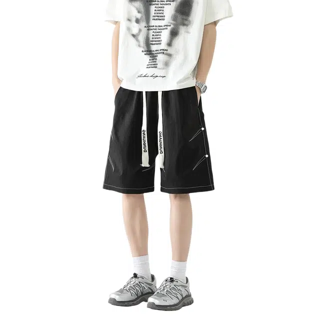 敦煌博物馆  日系复古明线撞色立体褶皱设计户外运动透气大码抽绳系带直筒五分休闲短裤 男女同款