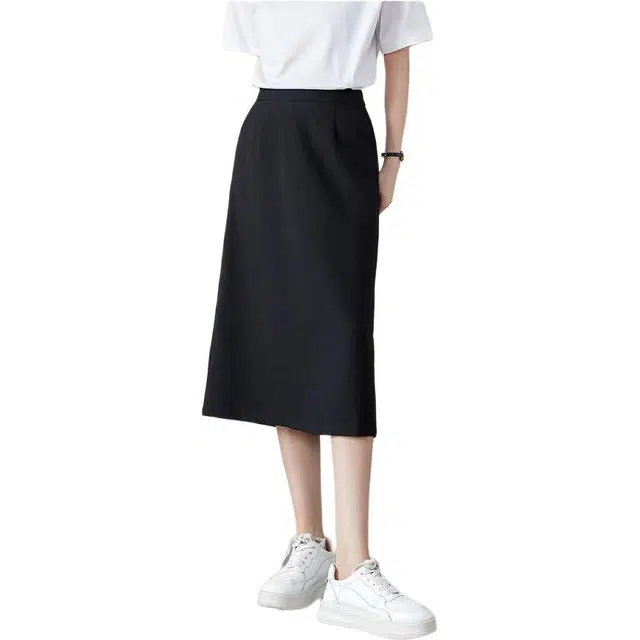 沫晗依美 纯色开叉高腰休闲长裙 女款 黑色