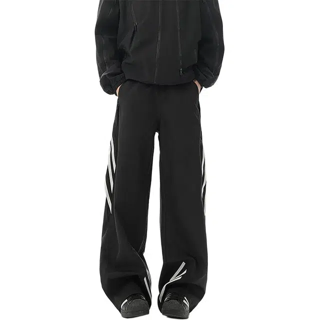 欧路得 美式机能风直筒条纹裤撞色三条杠时尚简约纯色休闲裤 男款 黑色