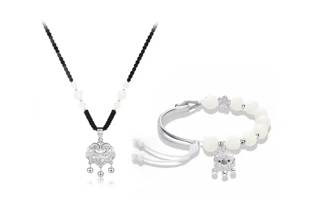 尚银福 平安长命锁系列 国潮新中式时尚气质复古轻奢高级感 森系小清新平安锁串珠编绳手绳套装 菩提子/菩提籽 项链 男女同款情侣款