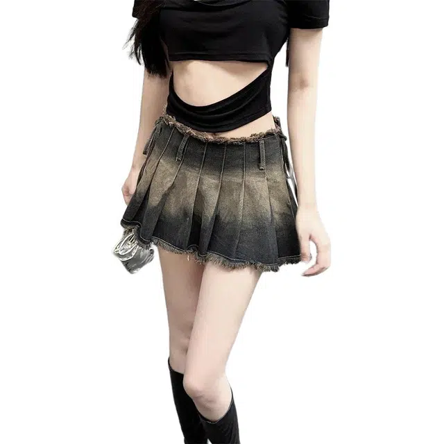 哒头下雨不愁 辣妹百搭高腰显瘦修身设计感不规则百褶牛仔短裙 女款