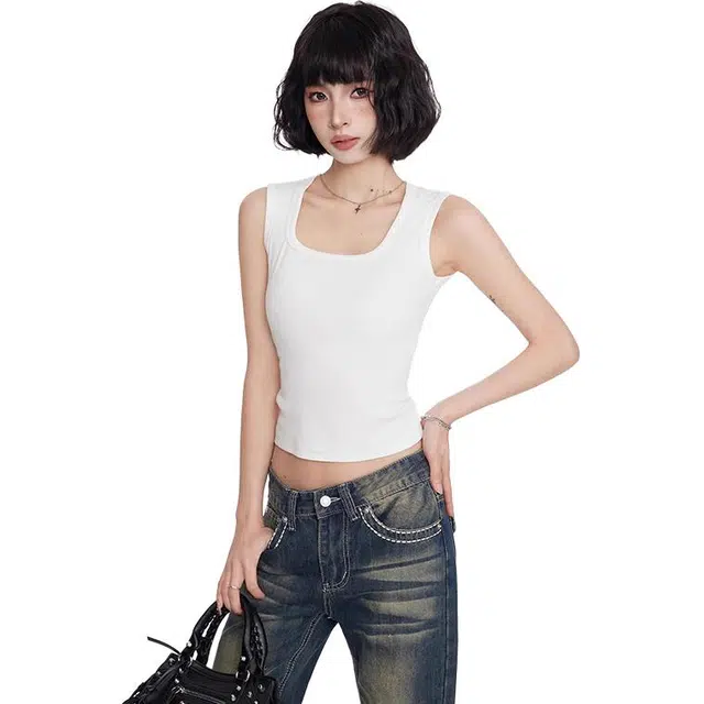 黑恐龙 纯色方领工字吊带气质休闲外穿内搭宽肩带美式短款无袖遮副乳上衣背心 女款