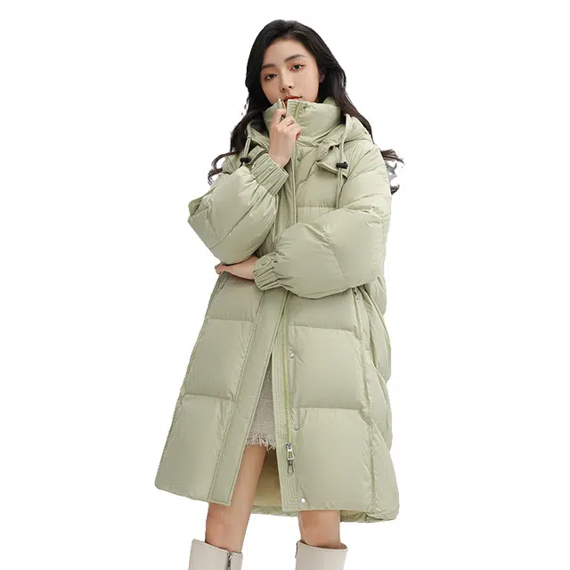 鸭鸭 高端中长款过膝面包服连帽羽绒服 女款