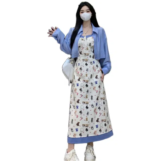 费尔岛上的猫 夏季简约微胖大码可爱小裙子防晒裙装套装 女款