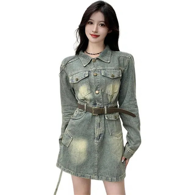 桴生 大码复古潮流洗水做旧纯色收腰显瘦透气百搭牛仔服饰长袖连衣裙 女款
