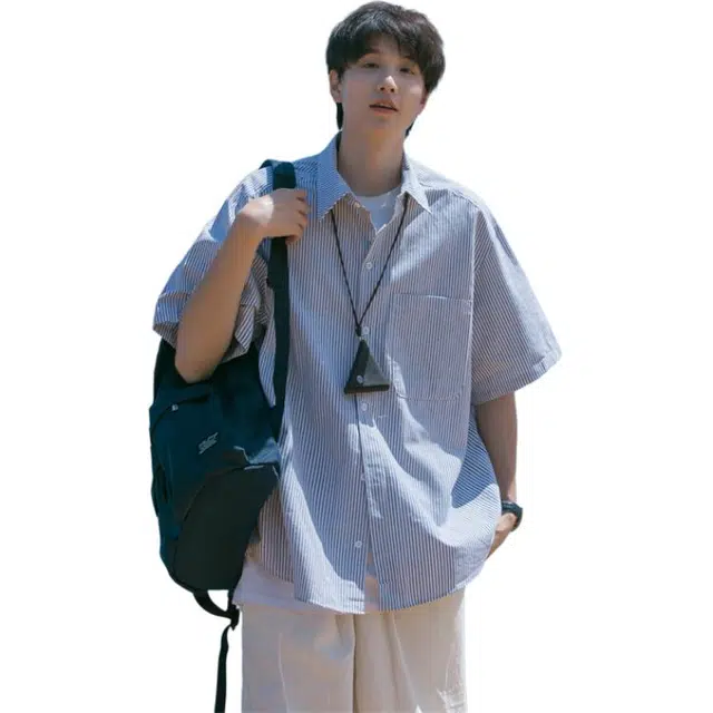 顶峰保罗 日系薄款透气条纹高级感情侣款潮牌高街百搭凉感慵懒风短袖衬衫 男女同款