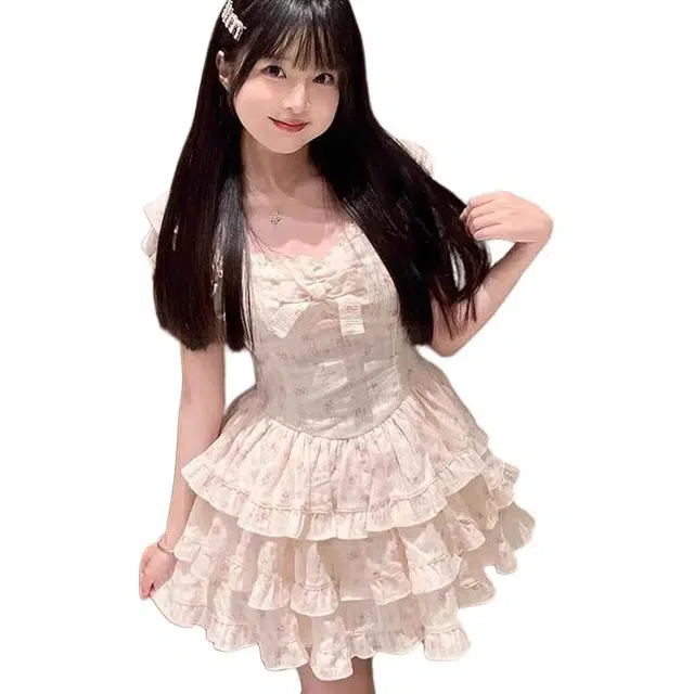 黛尔佳人 甜美飞袖碎花温柔收腰蓬蓬蛋糕短袖连衣裙 女款