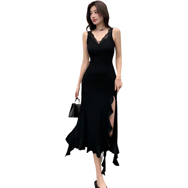 水中花 夏季 蕾丝边女黑色针织裙开叉包臀无袖连衣裙 女款