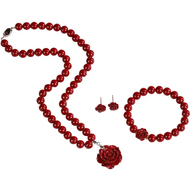 翠雅金楼 花开富贵再造辰砂三件套 挚爱玫瑰红色首饰 再造辰砂朱砂 玉石项链 女款