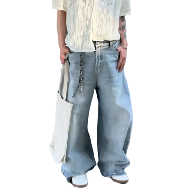 冈哉 美式复古高街重磅水洗做旧垂直拖地简约百搭垂坠感休闲宽松潮流个性时尚潮牌牛仔裤 男女同款