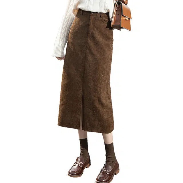 丝柏舍 复古灯芯绒纯色直筒裙高腰显瘦开叉休闲长裙 女款