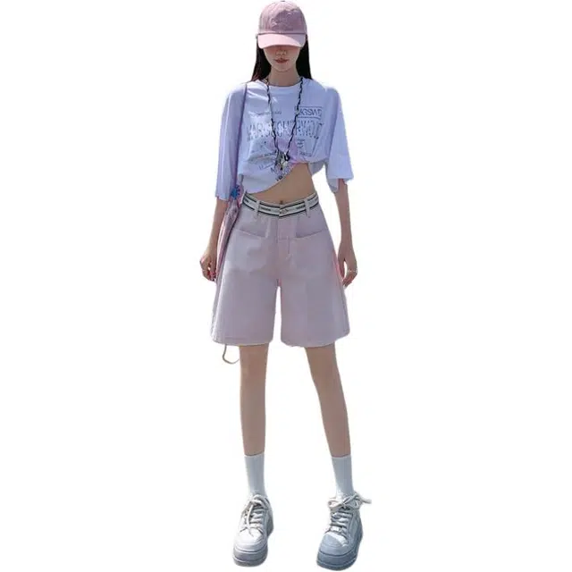 玫丝朵 高街纯色高腰宽松牛仔短裤  女款