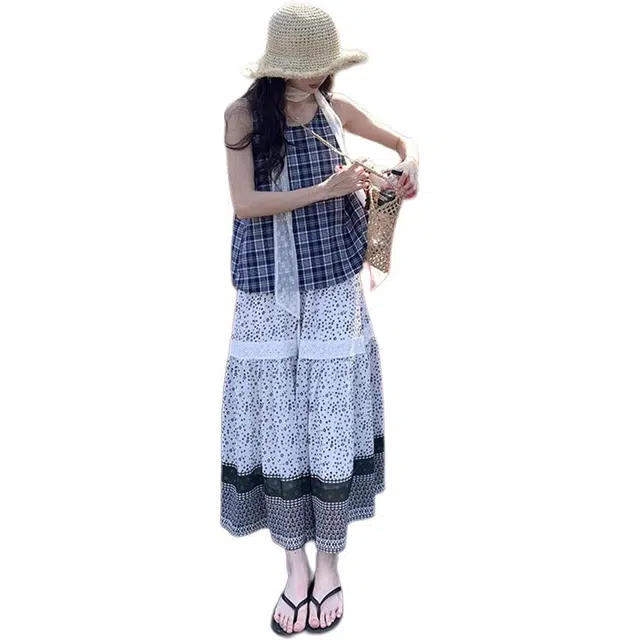 哒头下雨不愁 拼接小众高腰休闲长裙 女款