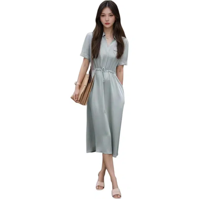 水中花 法式通勤高级感气质抽绳收腰显瘦短袖连衣裙 女款