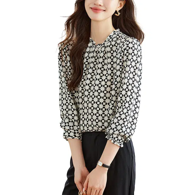 曲韩 木耳花边立领格纹真丝上衣时尚漂亮轻奢春季桑蚕丝长袖衬衫 女款 米白