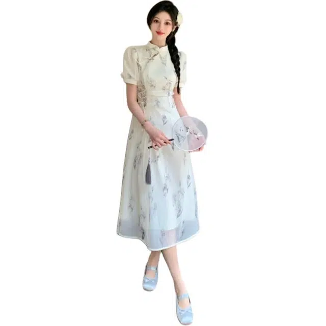 丝絮丝绸 温婉江南新中式改良旗袍裙复古温柔风短袖连衣裙 女款
