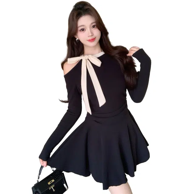 涂诗菲 法式蝴蝶结温柔气质长袖连衣裙 女款 黑色