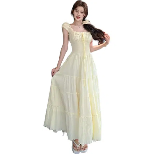 水中花 方领花边清纯松弛感穿搭长裙短袖连衣裙 女款