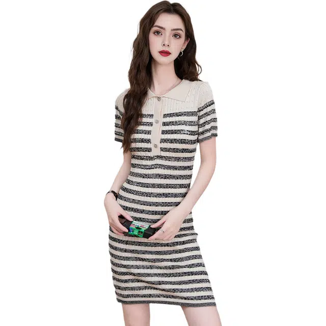 法文箱子 包臀翻领时尚条纹常规修身短袖连衣裙 女款