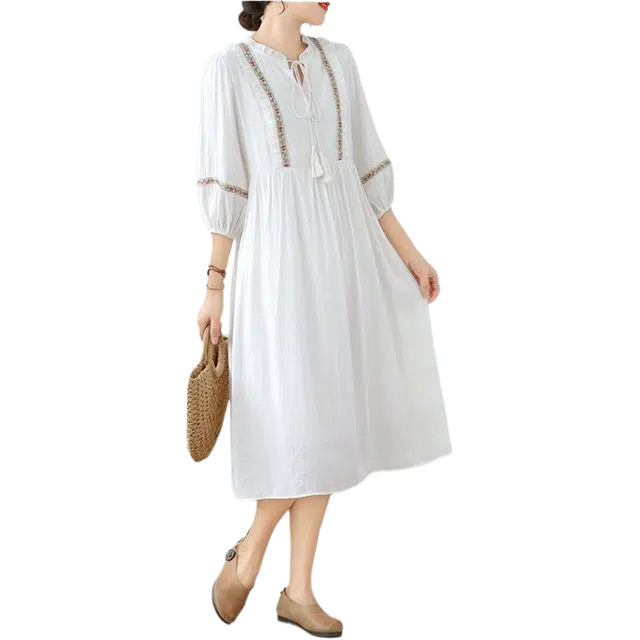 丝絮丝绸 新中式文艺复古旅行度假民族风七分袖长袖连衣裙 女款